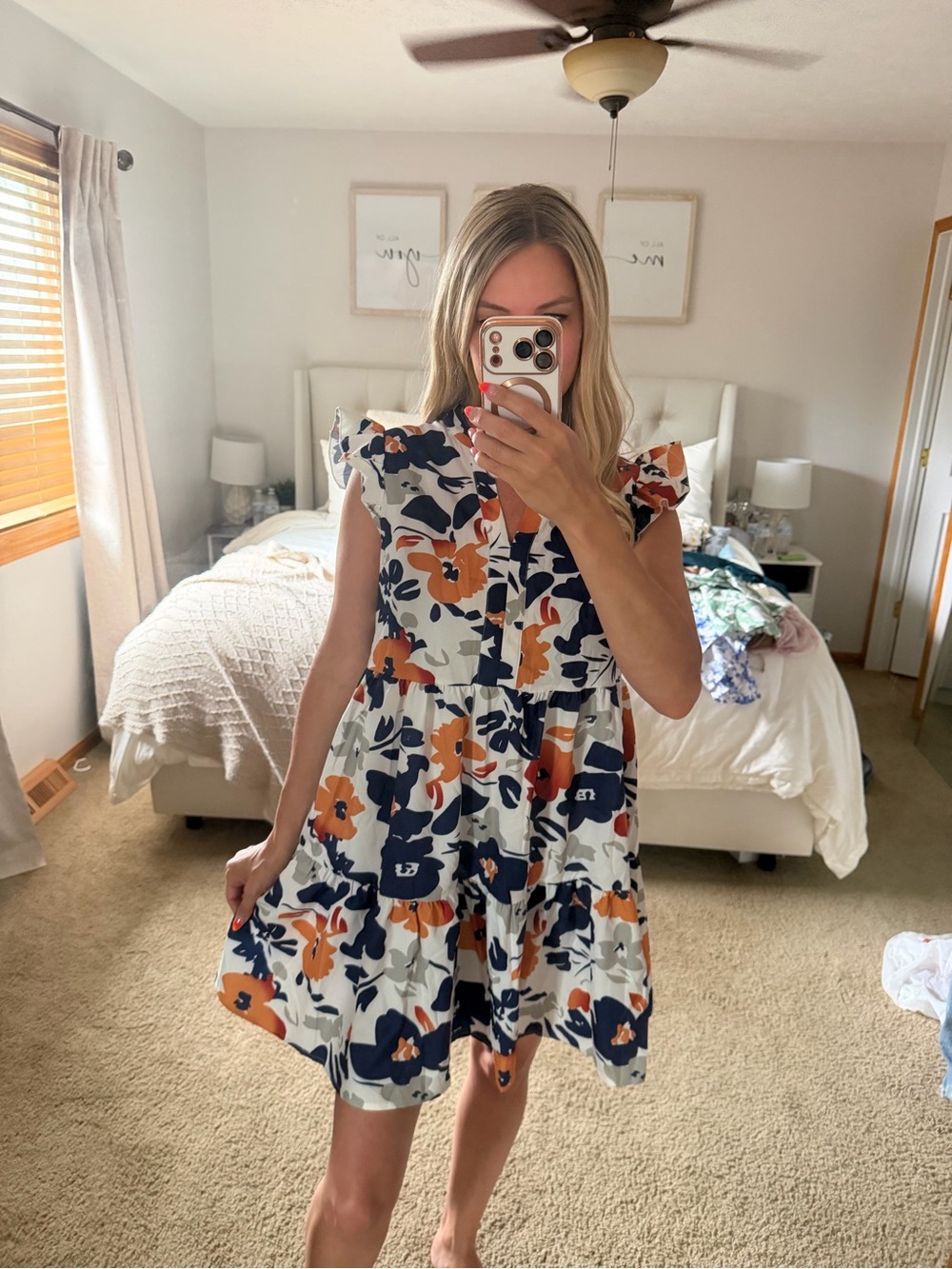 Girls Floral Tiered Ruffle Dress - Navy & Orange